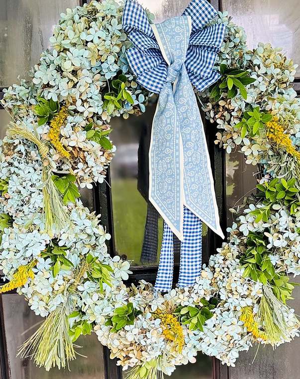 Blue hydrangea wreath with gingham bow