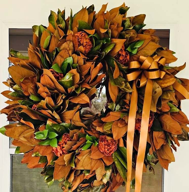 Magnolia wreath with copper ribbon