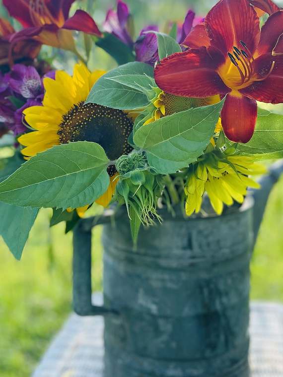 Sunflowers & daylilies in a watering can
